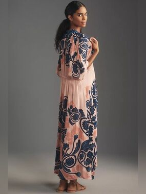 Anthropologie Bl-nk Printed Sheer Kaftan ONE SIZE Bohemian Paisley Cobalt Print